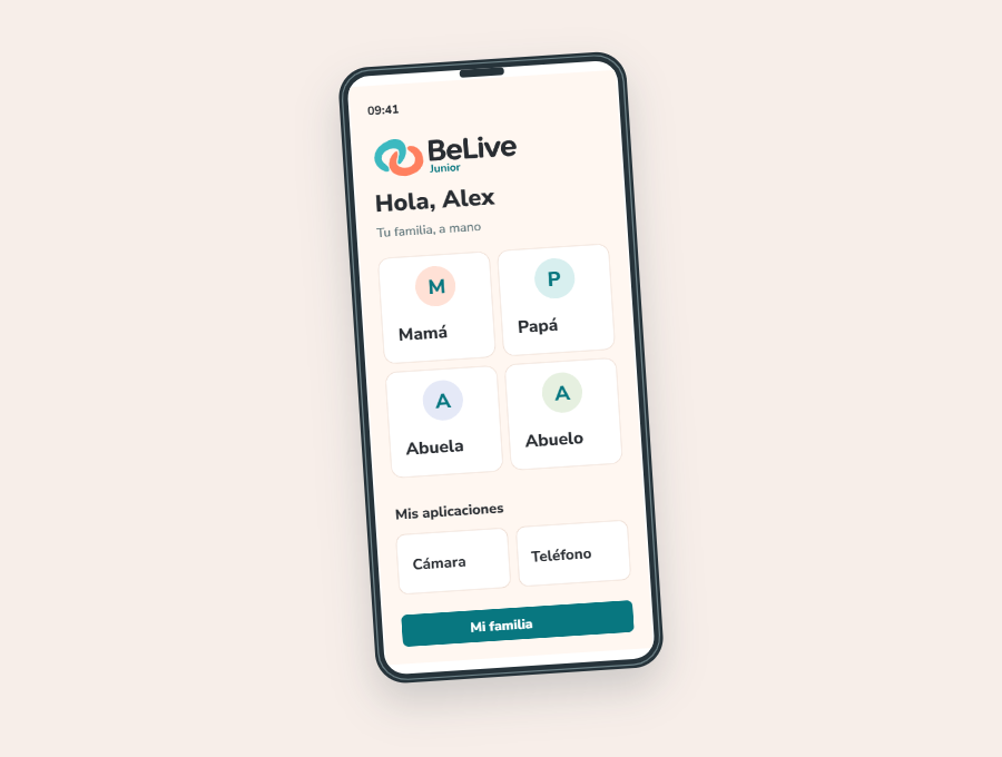 Propuesta de BeLive Junior con contactos familiares y aplicaciones seleccionadas